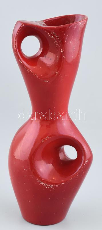 Török János, Zsolnay kétlyukú váza, ökörvérmázas, porcelán. Jelzett halványan, valamint, prototípus jelzés?: IT-1214/P. Erős kopásokkal. m: 24 cm
