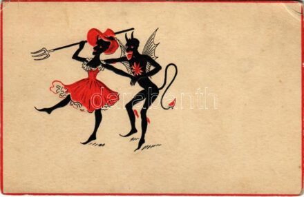 Krampus and Lady Krampus with pitchfork. Hannovera Serie 4888. Emb. litho (EB)