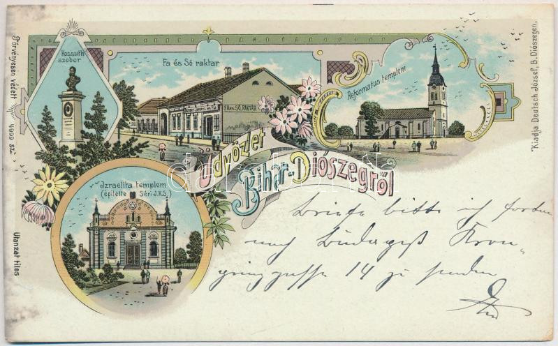 1901 Bihardiószeg, Bihar-Diószeg, Diosig; Berger Ignácz és fia fa és sóraktára, üzlet, Református templom, Izraelita templom, zsinagóga (építette Séri J.K.S.), Kossuth szobor. Deutsch József kiadása / shop, Calvinist church,