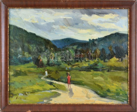 Kiss M jelzéssel: Kirándulók. Olaj, vászon. Dekoratív fakeretben. 41x50 cm.
