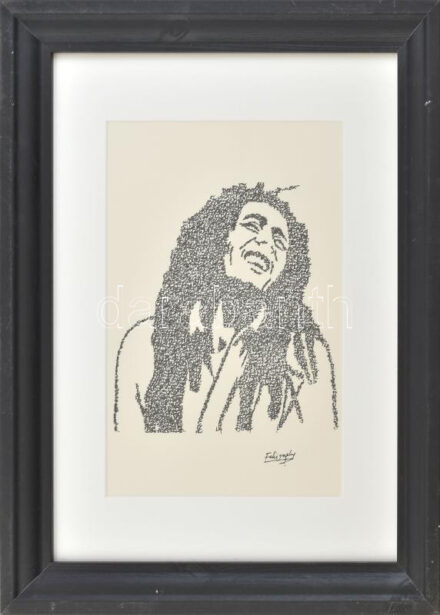 Fahad Alyu: Bob Marley. Tus, papír. jelzett 30x40 cm Üvegezett keretben, hátoldalt tanusítvánnyal