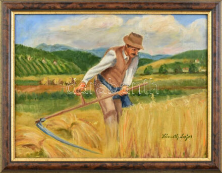 Németh Lajos: Kaszáló,. Olaj, farost, keretben 30x40 cm
