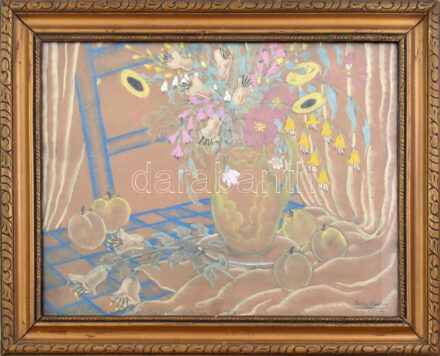 Csabai Wágner József (1888-1967): Csendélet, 1942. Pasztell, papír, jelzett, autográf ajándékozási sorokkal. Dekoratív, üvegezett fakeretben, 40×50 cm