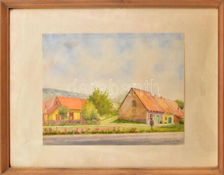 Rozvány György (?-): Budaörsi pincék, 1968. Akvarell, papír, jelzett, üvegezett fakeretben, 29×40 cm