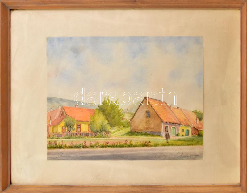 Rozvány György (?-): Budaörsi pincék, 1968. Akvarell, papír, jelzett, üvegezett fakeretben, 29×40 cm