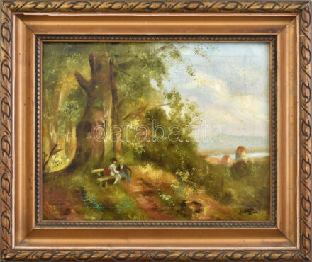 Nagy L jelzéssel: Kirándulók. Olaj, vászon, fakeretben, 16×20 cm