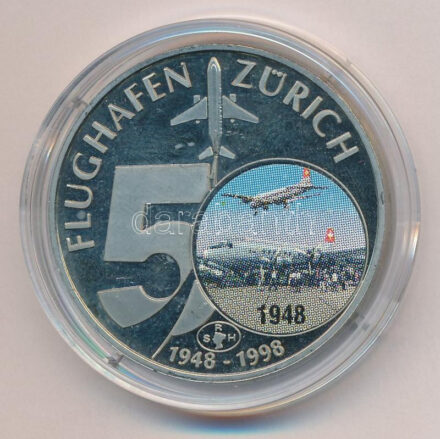 Svájc 1998. '50 éves a zürichi reptér' fém multicolor emlékérem T:1 (eredetileg PP) fo. Switzerland 1998. '50th anniversary of the Airport in Zürich' metal multicolor medallion C:UNC (originally PP) spotted