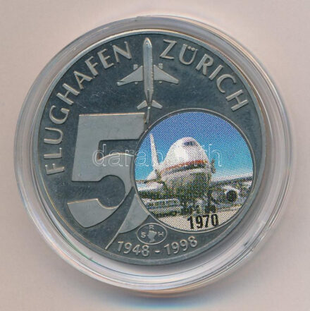 Svájc 1998. '50 éves a zürichi reptér' fém multicolor emlékérem T:1 (eredetileg PP) fo. Switzerland 1998. '50th anniversary of the Airport in Zürich' metal multicolor medallion C:UNC (originally PP) spotted