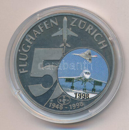 Svájc 1998. '50 éves a zürichi reptér' fém multicolor emlékérem T:1 (eredetileg PP) fo. Switzerland 1998. '50th anniversary of the Airport in Zürich' metal multicolor medallion C:UNC (originally PP) spotted