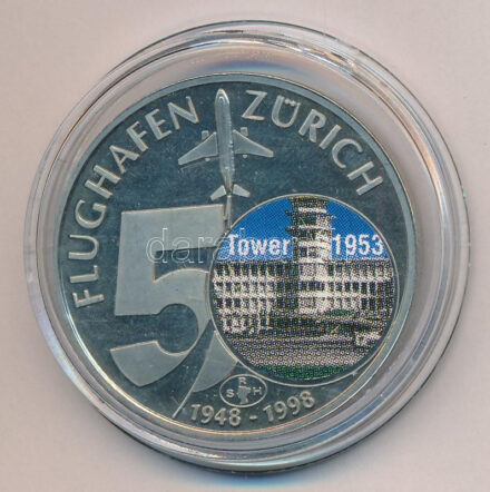 Svájc 1998. '50 éves a zürichi reptér' fém multicolor emlékérem T:1 (eredetileg PP) fo. Switzerland 1998. '50th anniversary of the Airport in Zürich' metal multicolor medallion C:UNC (originally PP) spotted