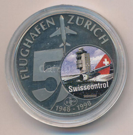 Svájc 1998. '50 éves a zürichi reptér' fém multicolor emlékérem T:1 (eredetileg PP) fo. Switzerland 1998. '50th anniversary of the Airport in Zürich' metal multicolor medallion C:UNC (originally PP) spotted
