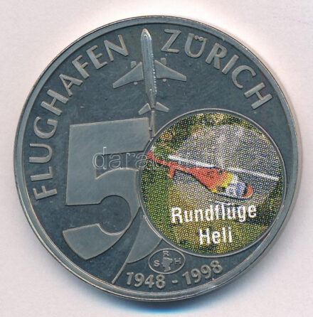 Svájc 1998. '50 éves a zürichi reptér' fém multicolor emlékérem T:1 (eredetileg PP) fo. Switzerland 1998. '50th anniversary of the Airport in Zürich' metal multicolor medallion C:UNC (originally PP) spotted