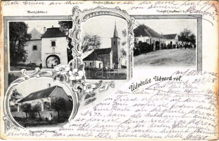 1905 Sopronudvard, Udvard, Grossmutschen, Großmutschen; Kastély, Templom, Vendéglő, Jegyzői lak / Schloss, Kirche, Gasthaus, Notariat / castle, church, restaurant, inn, notary's house. Art Nouveau, floral (EK)