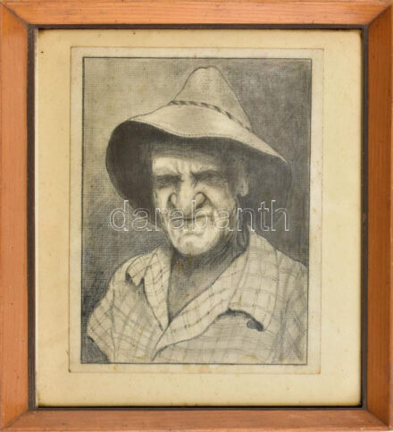 Jelzés nélkül: Kalapos portréja. Ceruza, papír. 21x16 cm. Üvegezett fakeretben.