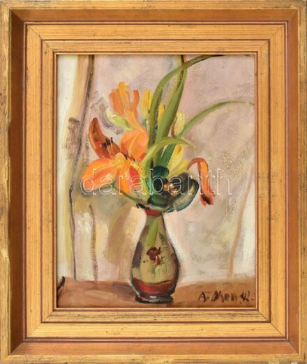 A Olsen (?) jelzéssel: Csendélet. Olaj, farost. Dekoratív, kissé sérült fakeretben, 27×21,5 cm