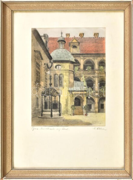 Olvashatatlan jelzéssel: Graz, Landhaus. Színezett rézkarc, selyem, üvegezett fakeretben, 21x16 cm
