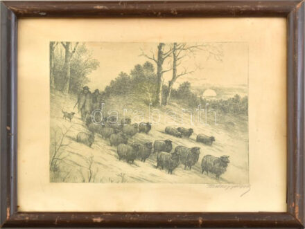 Torday jelzéssel: Nyáj juhászokkal, rézkarc, papír, kissé foltos. 17,5x23,5 cm. Dekoratív, üvegezett fakeretben.