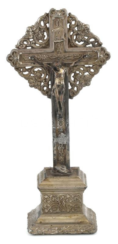 Régi talpas kereszt korpusszal, fém, sérült, javított, m: 35 cm