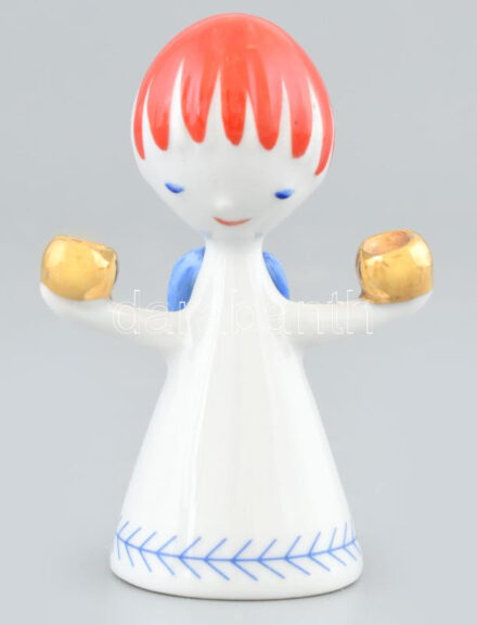 Hollóházi porcelán angyalka. Kézzel festett, jelzett, hibátlan, m: 8,5 cm