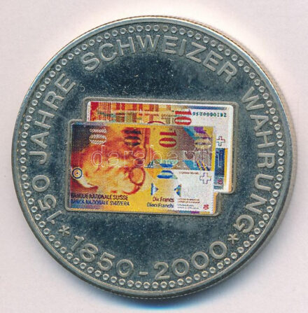 Svájc 2000. '150 éves a svájci Frank' kétoldalas, részben multicolor fém emlékérem (38mm) T:1- (eredetileg PP) fo. Switzerland 2000. '150th anniversary of the Franc' two-sided, partially multicolor metal medallion (38mm) C:AU (originally