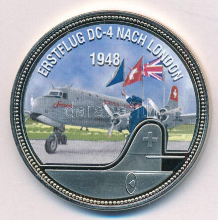 Svájc DN 'Az első DC-4-es járat Londonba - 1948' fém multicolor emlékérem T:PP Switzerland ND 'Az első DC-4-es járat Londonba - 1948' metal multicolor medallion C:PP