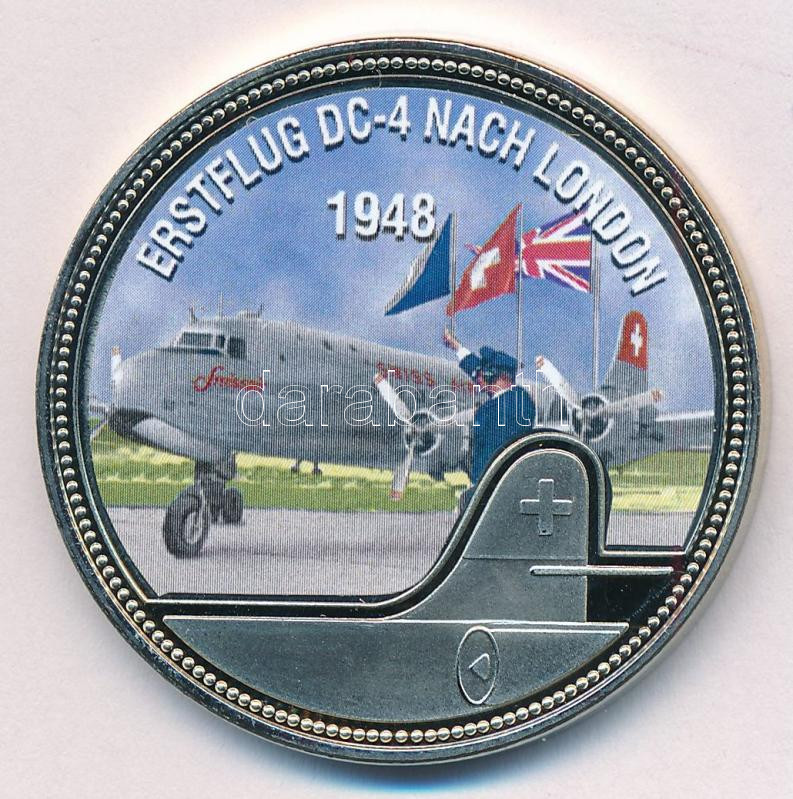 Svájc DN 'Az első DC-4-es járat Londonba - 1948' fém multicolor emlékérem T:PP Switzerland ND 'Az első DC-4-es járat Londonba - 1948' metal multicolor medallion C:PP