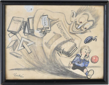 Pintér Jenő (1881 - 1940): Iskolakezdés Szeptember 1. Vegyes technika, papír, üvegezett keretben, jelzett, 15,5x21 cm