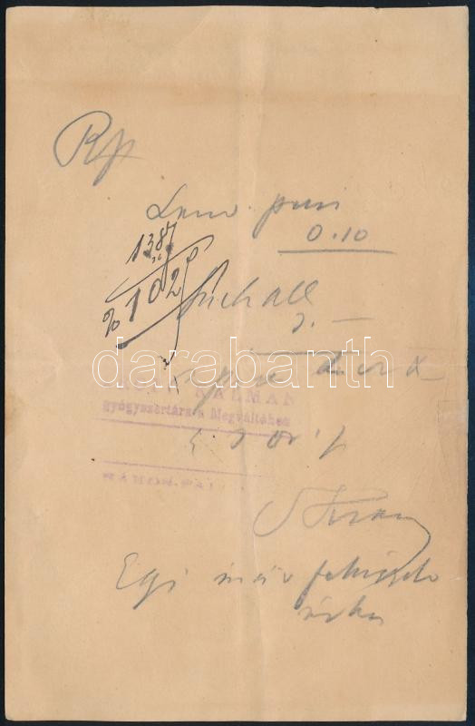 cca 1910-1920 Gyógyszerrecept 'Kropp Kálmán gyógyszertára a Megváltóhoz' pecsétjével