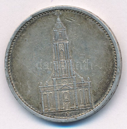 Német Harmadik Birodalom 1935E 5M Ag 'Náci hatalom első évfordulója / Potsdami Garrison templom' T:2,2- patina German Third Reich 1935E 5 Mark Ag 'The 1st Anniversary of Nazi rule / Potsdam Garrison Church' C:XF,VF patina Krause KM#83
