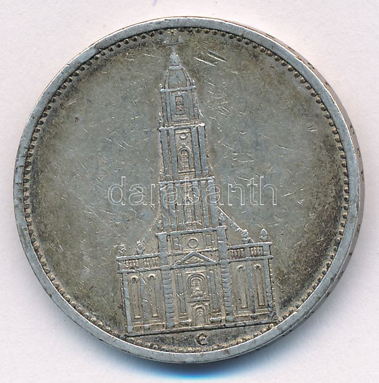 Német Harmadik Birodalom 1935E 5M Ag 'Náci hatalom első évfordulója / Potsdami Garrison templom' T:2,2- patina German Third Reich 1935E 5 Mark Ag 'The 1st Anniversary of Nazi rule / Potsdam Garrison Church' C:XF,VF patina Krause KM#83