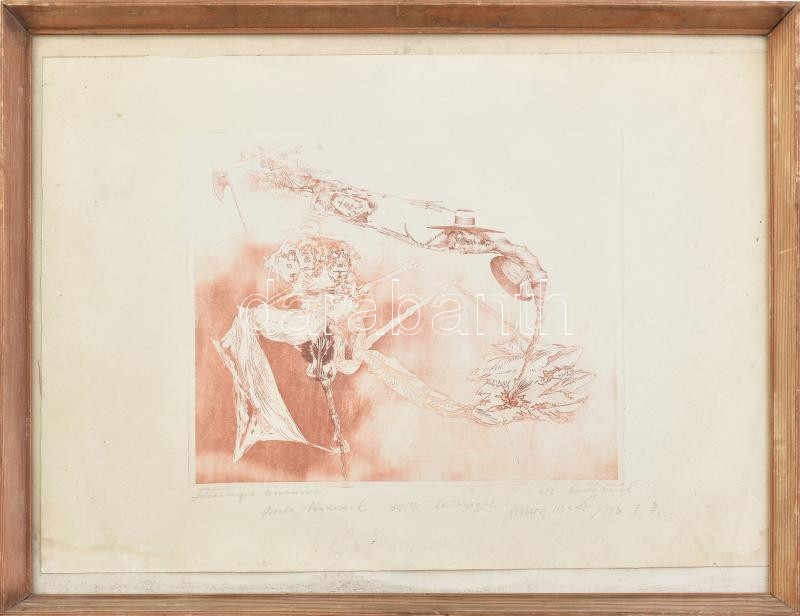 Almásy Aladár (1946-): (...) ünnep a domboldalon. Rézkarc, papír, jelzett. Almásy Aladár autográf ajándékozási soraival. Üvegezett fakeretben, lap széle foltos. 25x29 cm