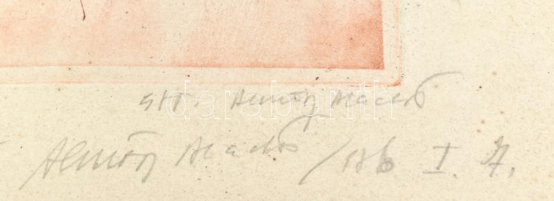 Almásy Aladár (1946-): (...) ünnep a domboldalon. Rézkarc, papír, jelzett. Almásy Aladár autográf ajándékozási soraival. Üvegezett fakeretben, lap széle foltos. 25x29 cm - Image 2