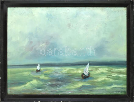 M. Tóth István (1922-2006): Balatoni vihar. Olaj, farost, jelzett, hátoldalán autográf felirattal, fakeretben, 60×80 cm