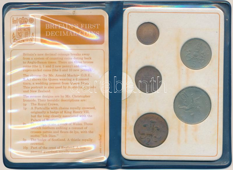 Nagy-Britannia 1968-1971. 1/2p-10P (5xklf) 'Nagy-Britannia első decimális érméi' forgalmi összeállítás kartonlapon, leírással, eredeti műanyag tokban T:1,1- patina Great Britain 1968-1971. 1/2 Penny - 10 New Pence (5xdiff) 'Britain's
