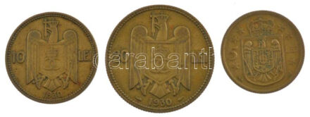 Románia 1930. 5L Ni-sárgaréz 'I. Mihály' + 10L Ni-sárgaréz 'II. Károly' + 20L Ni-sárgaréz 'II. Károly' T:2,2- Romania 1930. 5 Lei Ni-brass 'Mihai I' + 10 Lei Ni-brass 'Carol II' + 20 Lei Ni-Brass 'Carol II' C:XF,VF Krause KM#48,