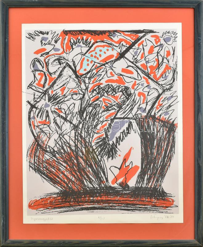 feLugossy László (1947-): Nyersangyal, 1986-87. Szitanyomat, papír. Jelzett, számozott: 4/30. Hátoldalán Art1érai Galéria Szentendre és MNG kiviteli engedély pecséttel. Üvegezett fakeretben. 55x40 cm.