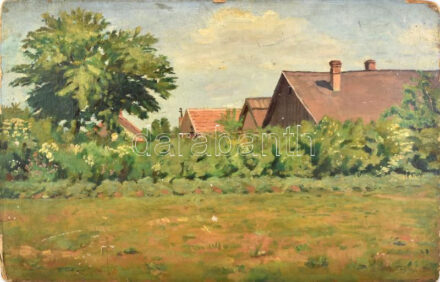 Olvashatatlan jelzéssel (jobbra lent), XX. sz. eleje: Napfényes falu. Olaj, karton. Hátoldalán korabeli töredékes kiállítási címkével. Sérült. 43,5x67 cm