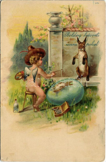 Boldog húsvéti ünnepeket / Easter greeting art postcard, rabbit, egg painting, litho (Rb)