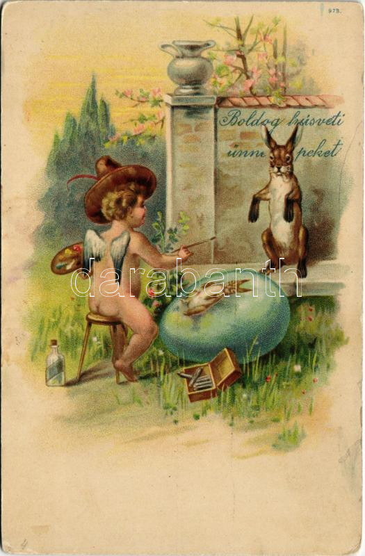 Boldog húsvéti ünnepeket / Easter greeting art postcard, rabbit, egg painting, litho (Rb)