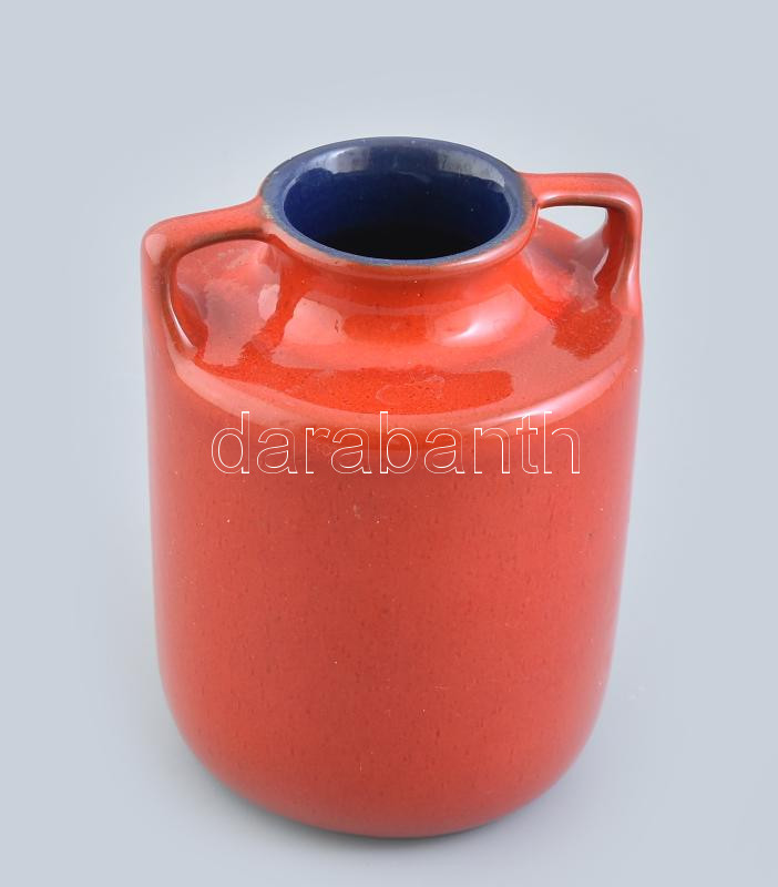 Piros retró füles váza, jelzés nélkül, hibátlan, m: 15 cm