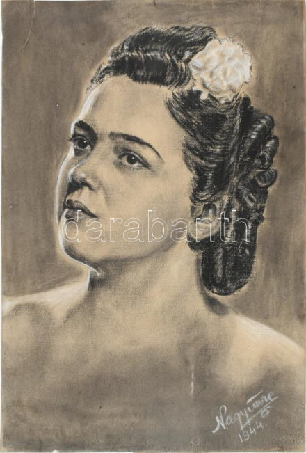 Nagy Imre (?-): Fiatal hölgy portréja, 1944. Szén, papír. Jelzett. Lapszéli szakadásokkal. 44x30 cm