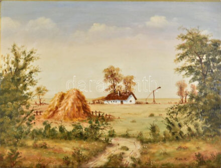 Feith Károly (1930-2017): Tanya a pusztán. Olaj, farost, jelzett. 60×80 cm