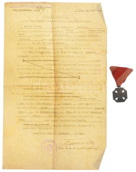 1917. 'Károly-csapatkereszt' Zn kitüntetés eredeti mellszalagon 'WAA' gyártói jelzéssel + viselői igazolás Szautner Ferenc nevére T:1- oxidáció Hungary 1917. 'Charles Troop Cross' Zn decoration with original ribbon with 'WAA'