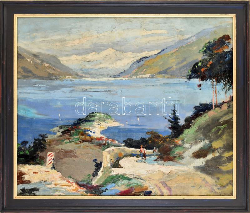 Olvashatatlan jelzéssel (jobbra lent): Tóparti séta. Olaj, vászon. Javított. Dekoratív, újszerű fakeretben. 64x78 cm