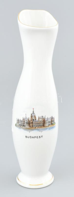 Budapest feliratú, Aquincumi porcelán váza m: 20,1cm (Parlament, Országház), matricás, aranyozott, jelzett, kopásokkal.