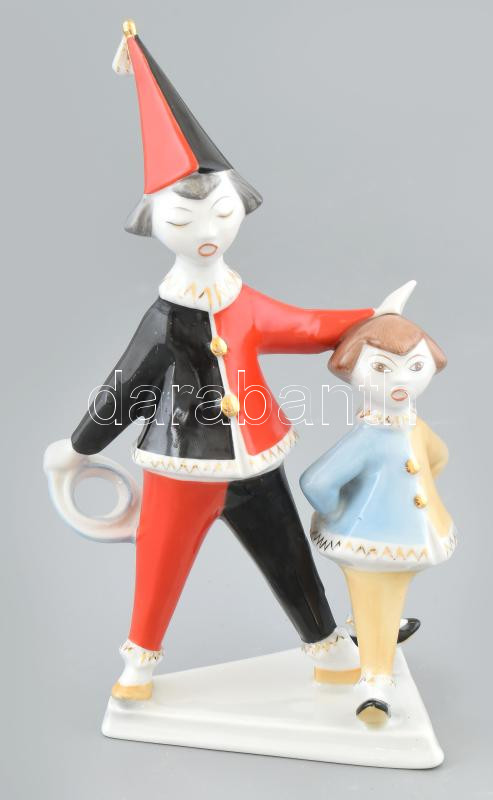 Hollóházi bohócok, porcelán, jelzett, kopásokkal, m: 21,5 cm