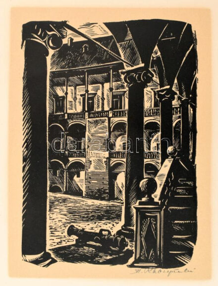 Stanislaw Raczynski (1890-1955): Krakkó (Kraków), Wawel. Linómetszet, papír, jelzett, kisebb lapszéli szakadásokkal, 21,5x16 cm (lapméret: 39x29 cm)