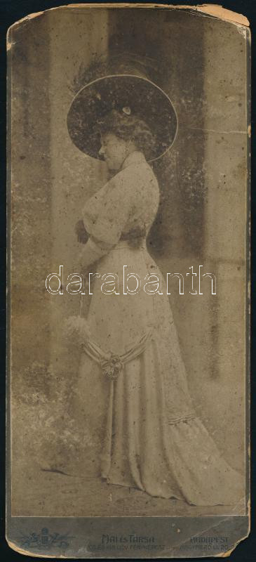 cca 1900-1910 Elegáns kalapos hölgy, keményhátú fotó Mai és Társa budapesti műterméből (Nagymező u. 20., Magyar Fotográfusok Háza), sérült, 26,5x12 cm