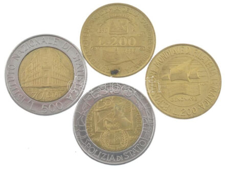 Olaszország 1992. 200L Cu-Al-Ni 'Bélyegvilágkiállítás - Geonva 1992' + 1996. 200L Cu-Al-Ni 'Guardia di Finanza Akadémia' + 500L Cu-Al-Ni '70 éves az Olasz Nemzeti Statisztikai Intézet' + 1997. 500L Cu-Al-Ni '50 éves az Olasz Közlekedési