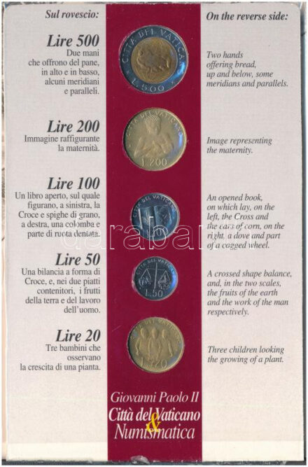Vatikán 1992. 20L-500L (5xklf) forgalmi sor, karton dísztokban T:1 Vatican 1992. 20 Lire - 500 Lire (5xdiff) coin set in cardboard case C:UNC